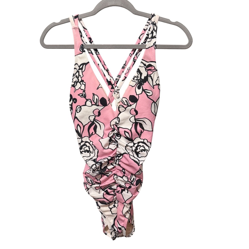 St. John Swimsuit‎ Floral Ruched V-Neck 6 Pink Excellent Multi-Strap One Piece